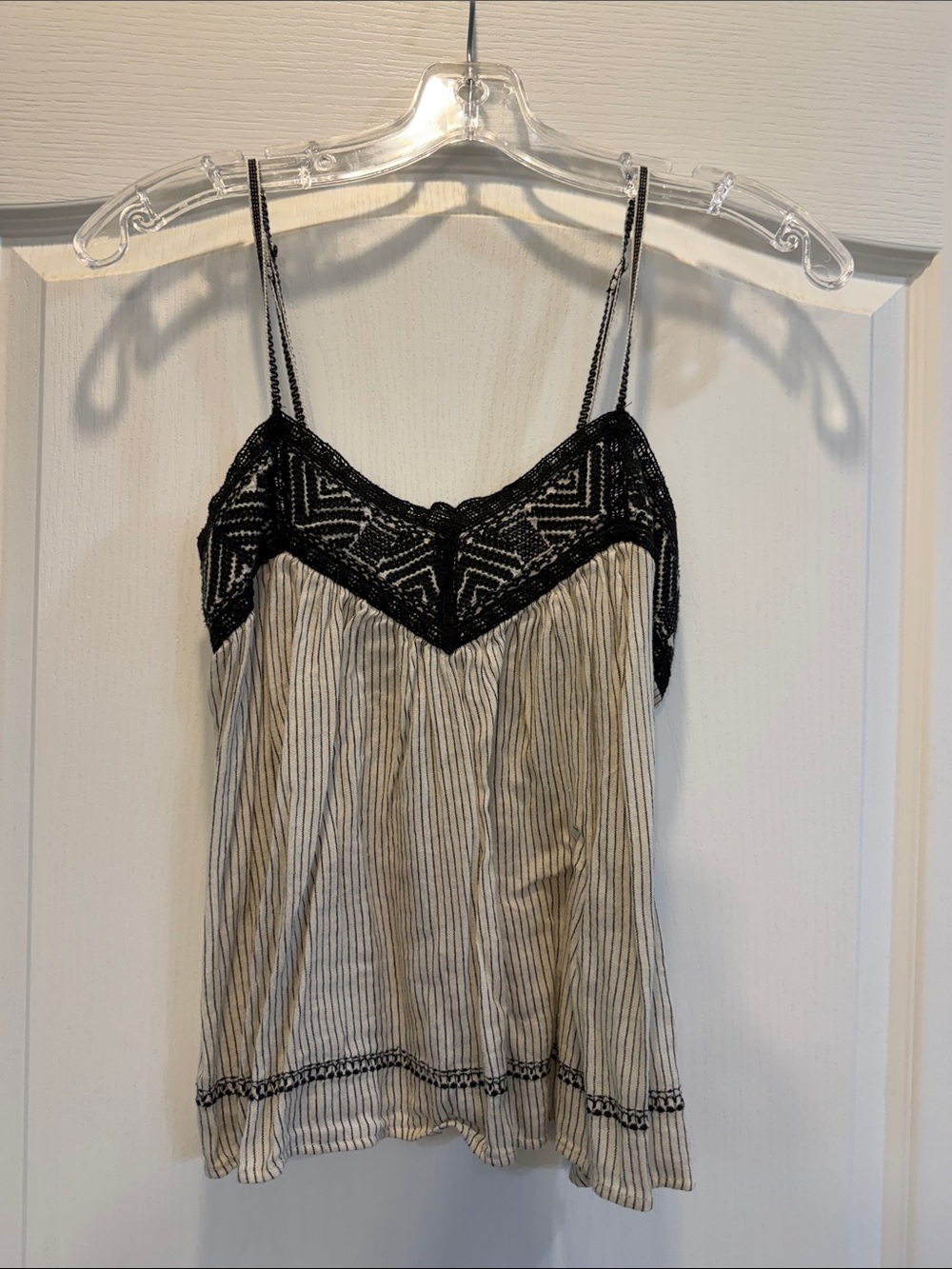 American Eagle Outfitters Cream Stripe Tank with Black Lace Trim